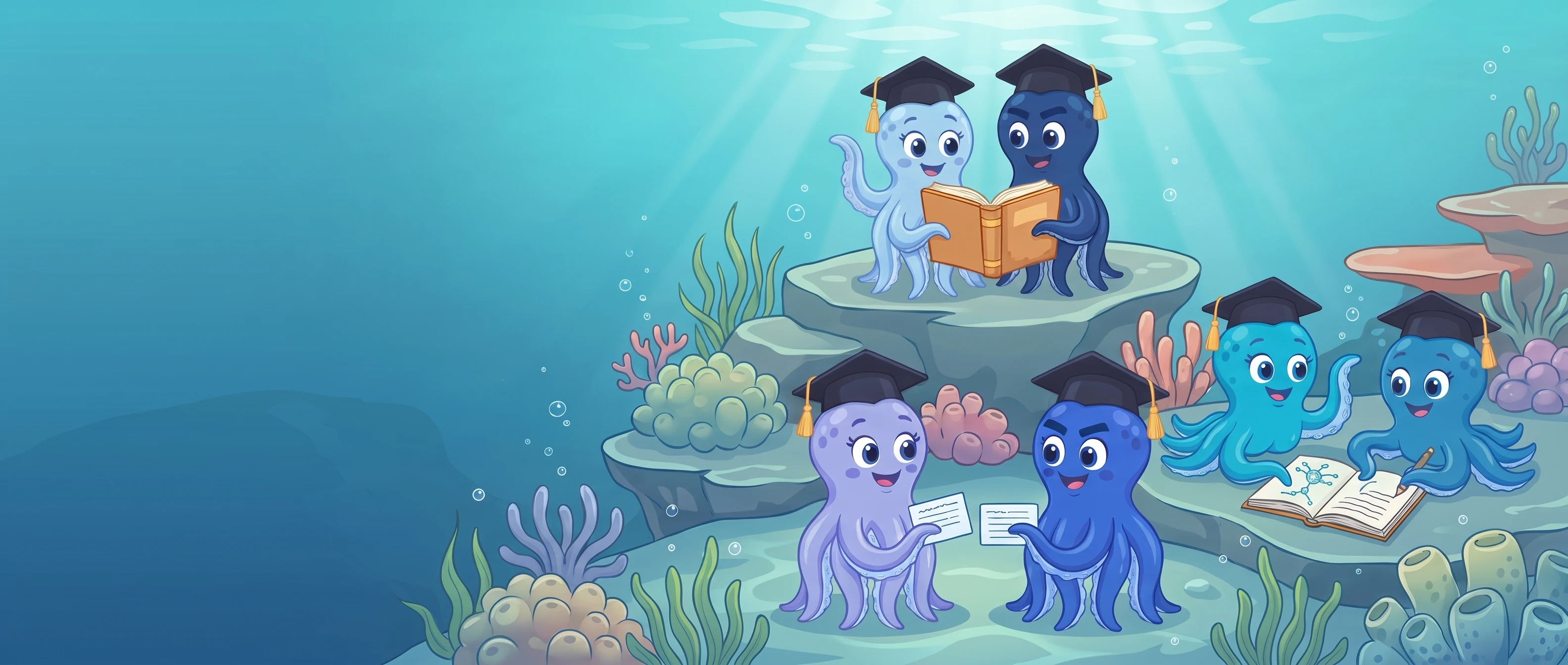 Six OCTO octopus students studying in pairs on underwater reef ledges, reading a book, taking notes and exchanging flashcards.