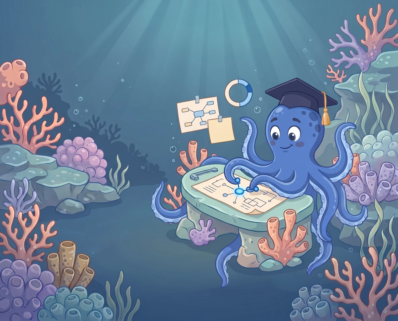 OCTO assembling connected study tools at an underwater workbench.
